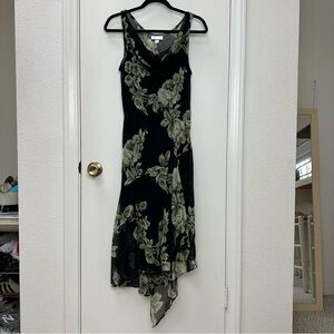 Vintage Y2K Beaded Floral Asymmetrical Fairy Dressbarn Dress Green Black Large